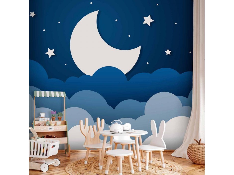 Papier peint - Moon dream - clouds on a dark blue sky with stars for children