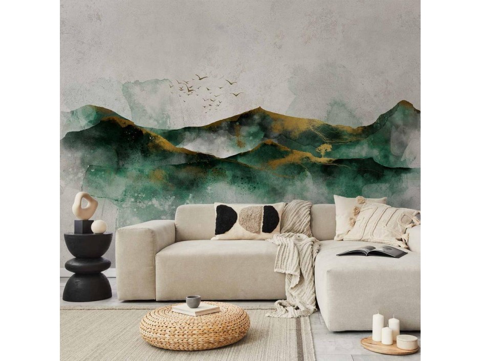 Papier peint - Abstract landscape - green mountains with golden patterns and birds