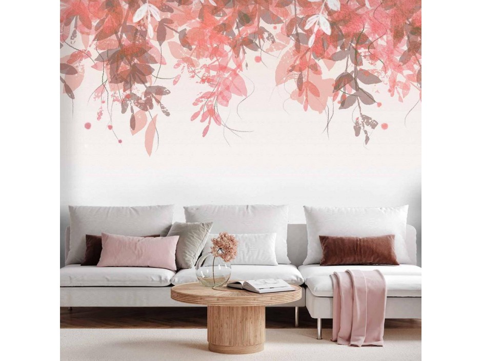 Papier peint - Under vegetation - hanging vines of pink leaves on a neutral background