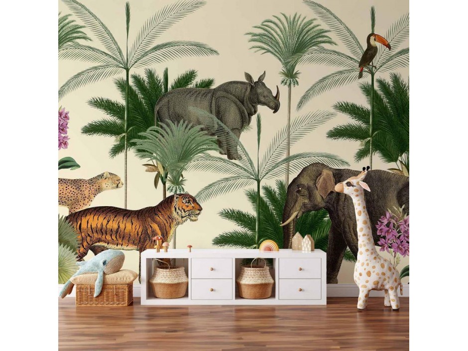 Papier peint - Jungle Land With Animals in the Style of Old Engravings