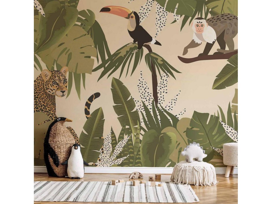 Papier peint - Leaves and Shapes - Jungle in Faded Colours With Animals