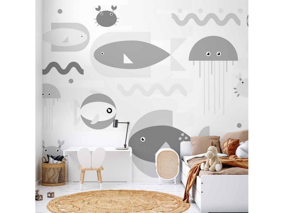 Papier peint - Minimalist grey ocean - geometric fish in water for children