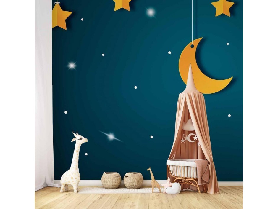 Papier peint - Skyline - turquoise night sky landscape with stars for children