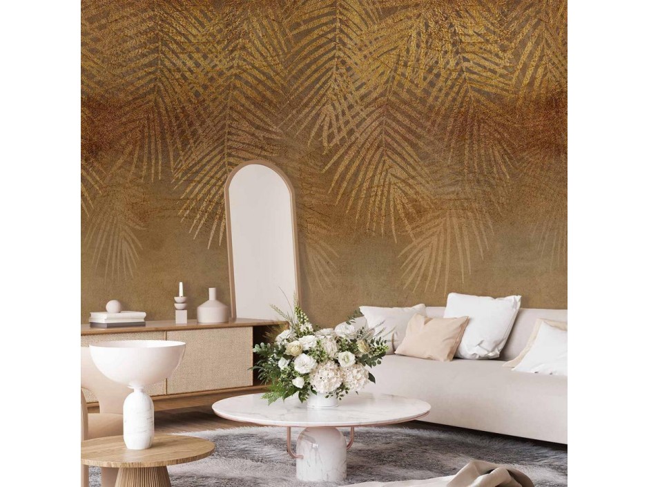 Papier peint - Abstract nature in beige - composition with golden exotic leaves