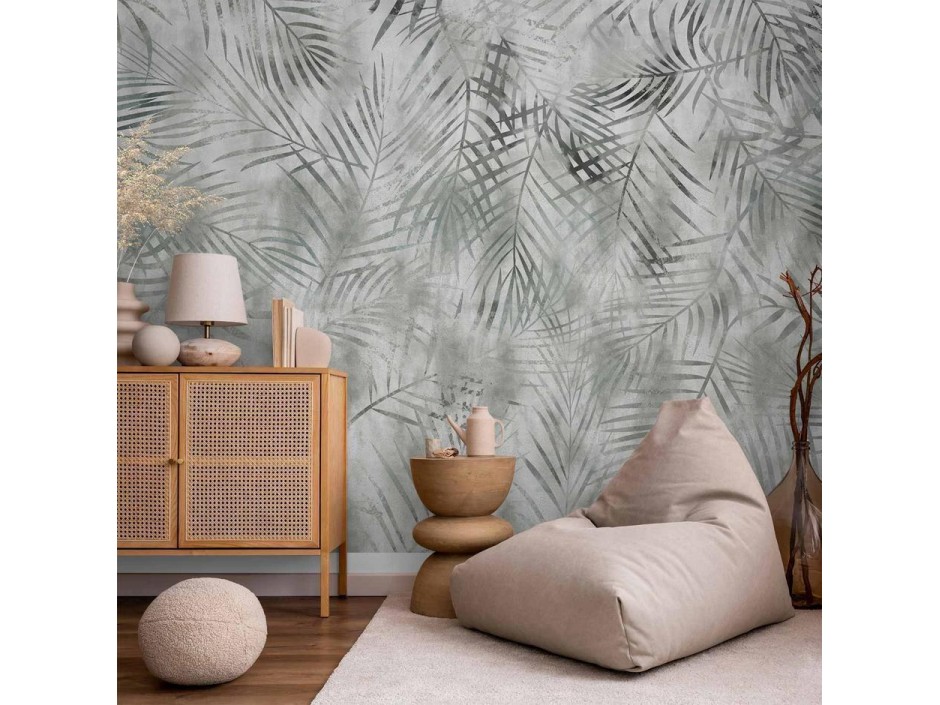 Papier peint - Minimalist landscape - nature motif with grey exotic leaves