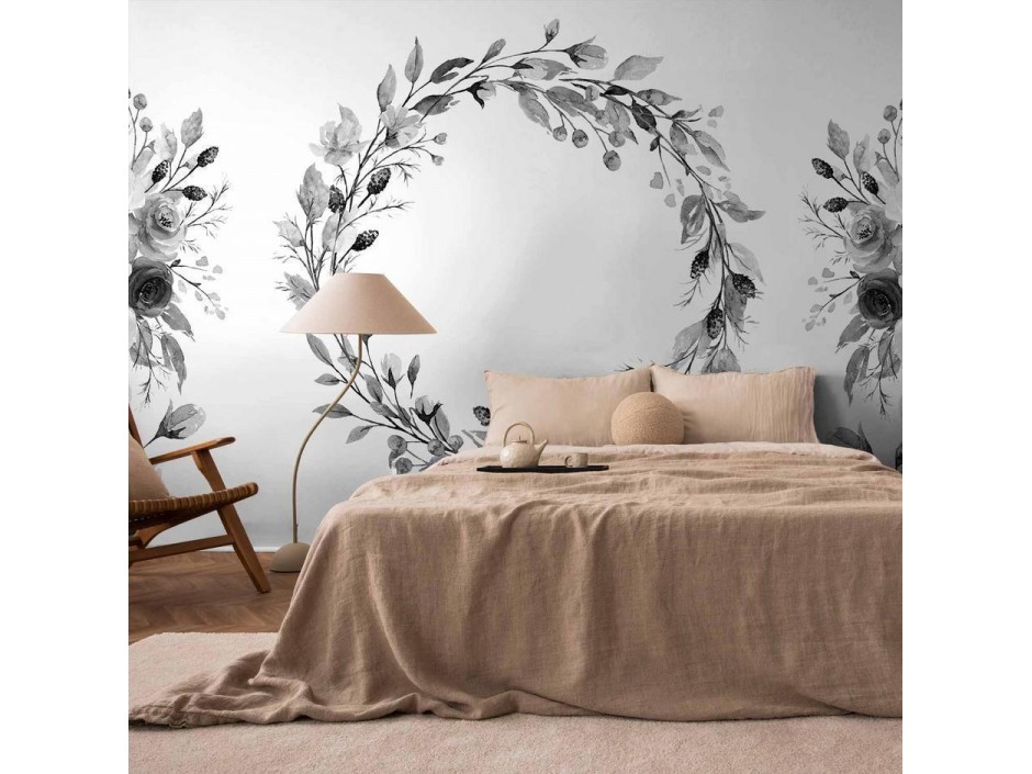 Papier peint - Romantic wreath - grey plant motif with leaves with rose pattern