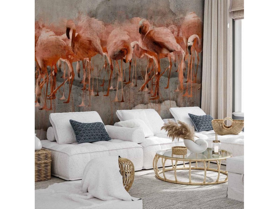 Papier peint - Exotic birds - pink flamingos with shadow on grey concrete background