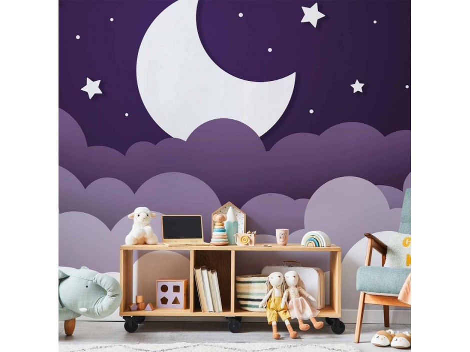 Papier peint - Moon dream - clouds in a purple sky with stars for children