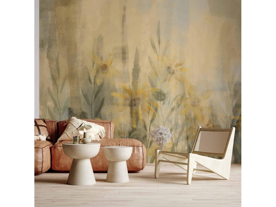 Papier peint - A touch of summer - floral motif with a meadow full of yellow flowers and grasses