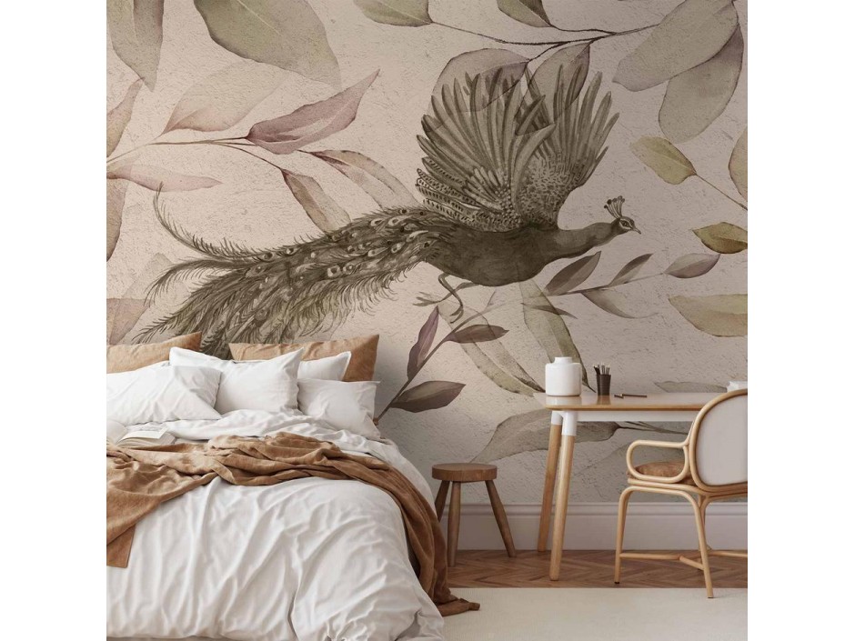 Papier peint - Bird among the leaves - floral motif with a flying peacock in cool tones