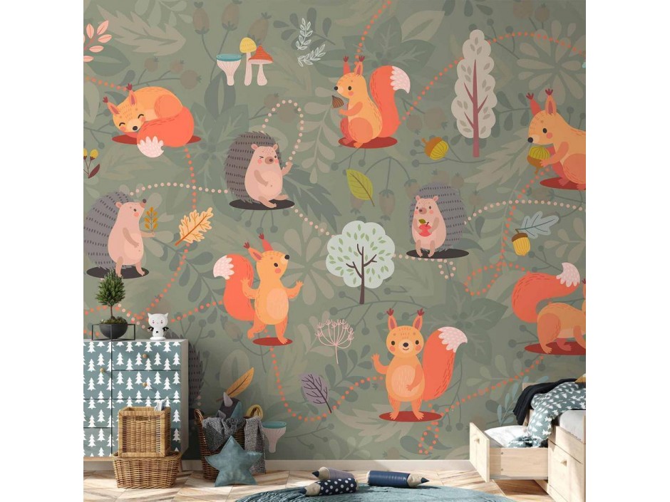 Papier peint - Friends from the forest - colourful forest with mushrooms and animals for children