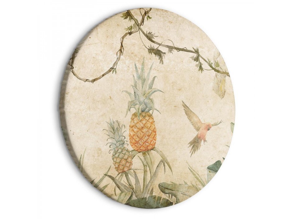 Tableau rond - Tropics in muted colors - Parrots and pineapples amidst lush exotic flora in soft shades of green/Parrots