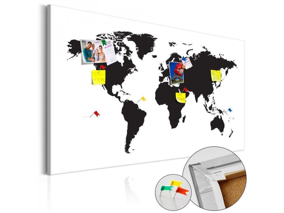 Tableau en liège - World Map: Black & White Elegance