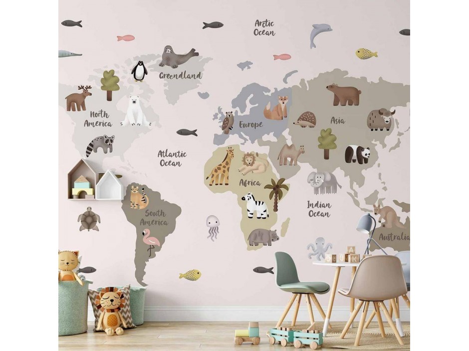 Papier peint - Pastel Map - Animals and Continents for Childrens Room