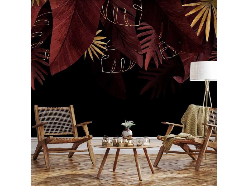 Papier peint - Jungle and composition - red and gold leaf motif on black background