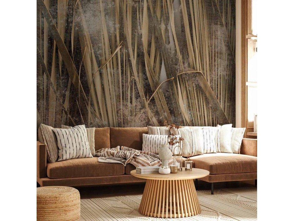 Papier peint - Dry leaves - landscape of tall grasses in boho style with paint patterns