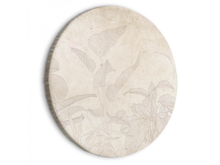 Tableau rond - Muted exotic greenery - Delicate outlines of tropical shrubs on beige and sand background/Subtle exotic p