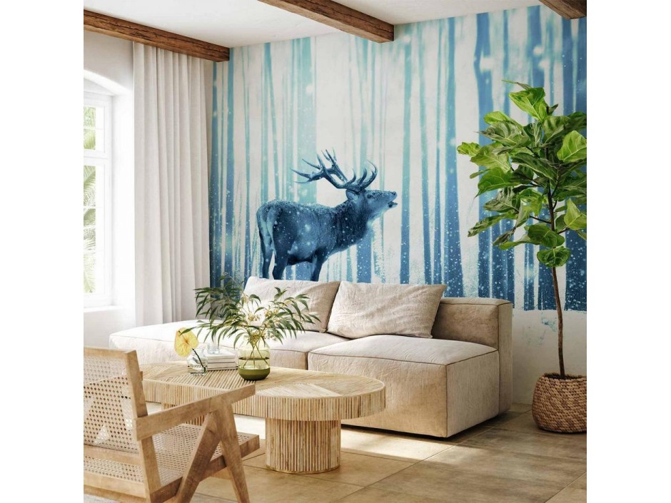 Papier peint - Winter animals - deer motif on a forest background in shades of blue