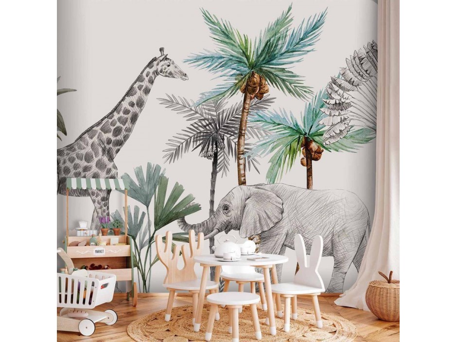 Papier peint - Jungle Animals Wallpaper for Childrens Room in Cartoon Style