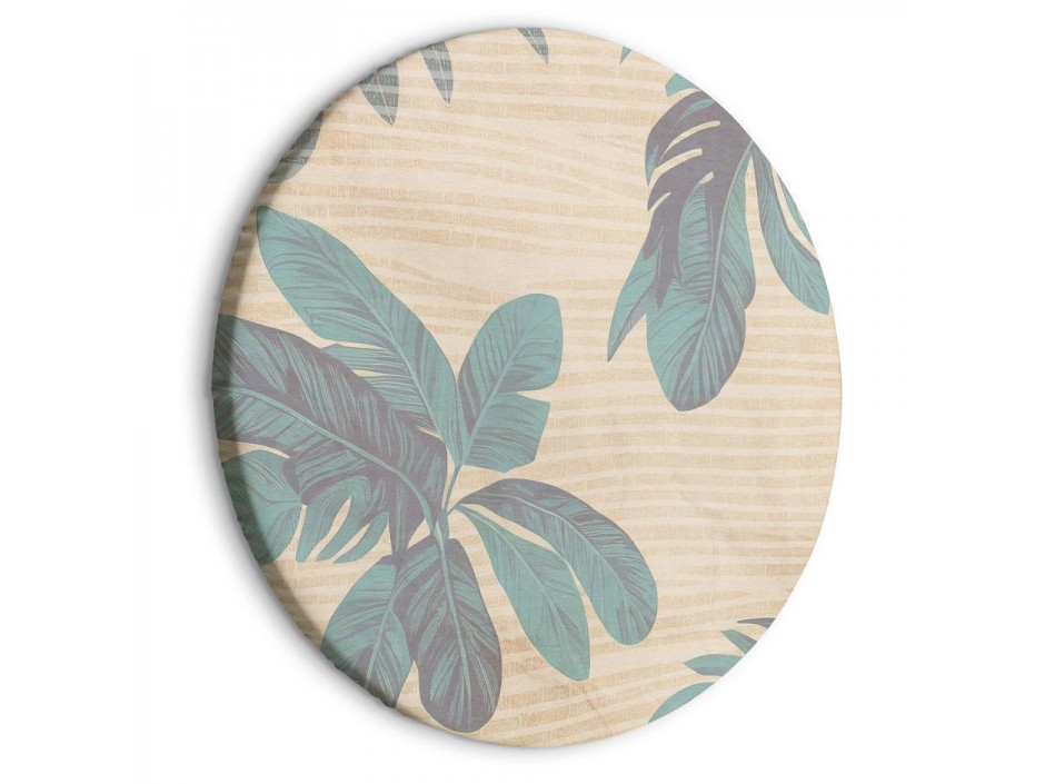 Tableau rond - Palm trees behind the mist - Showy palm leaves in a soft shade of green on a slightly wavy sand backgroun