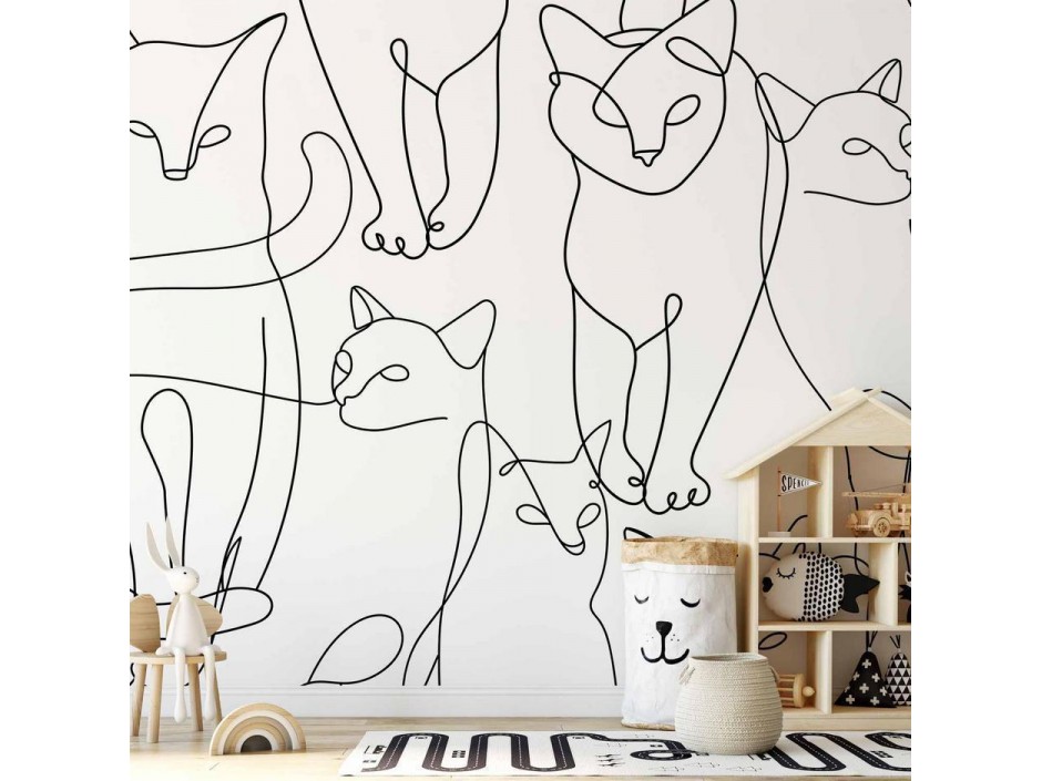 Papier peint - Cat lineart - minimalist sketches of black cats on white background