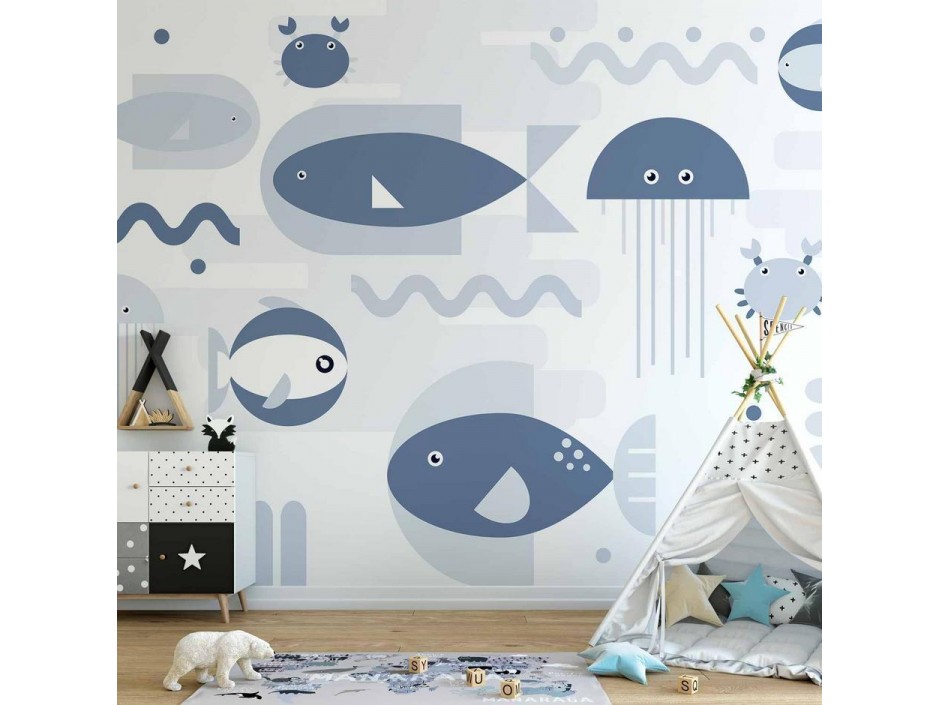 Papier peint - Minimalist ocean - geometric fish and crabs in water for kids