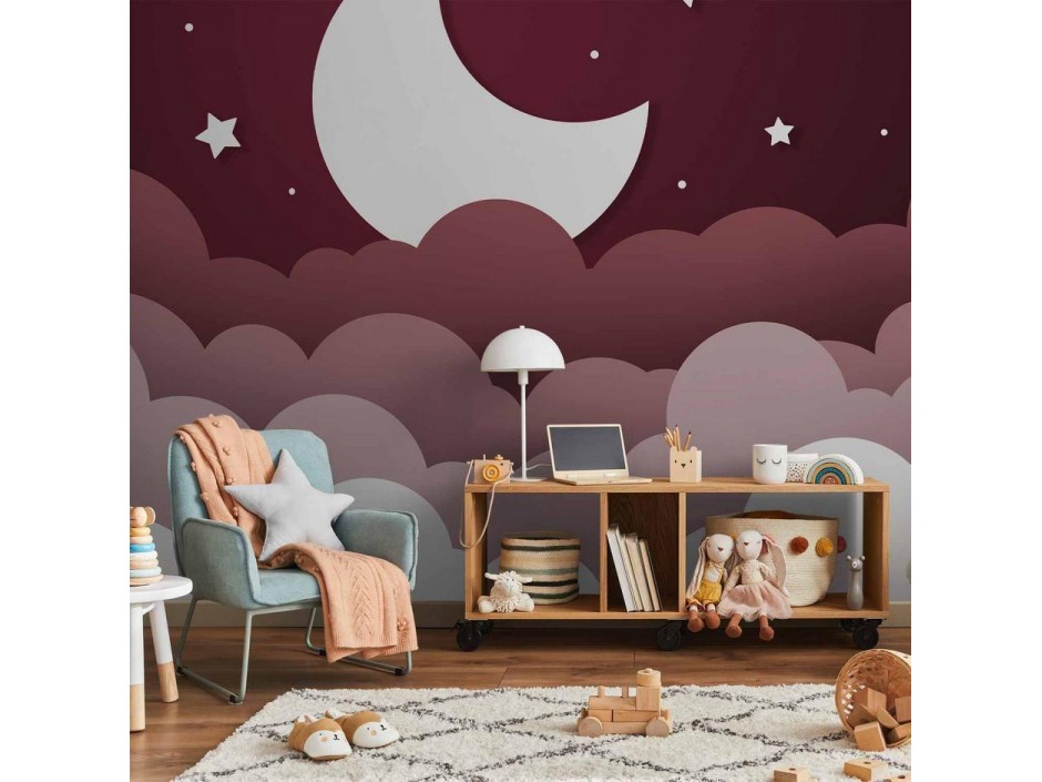 Papier peint - Moon dream - clouds in a maroon sky with stars for children