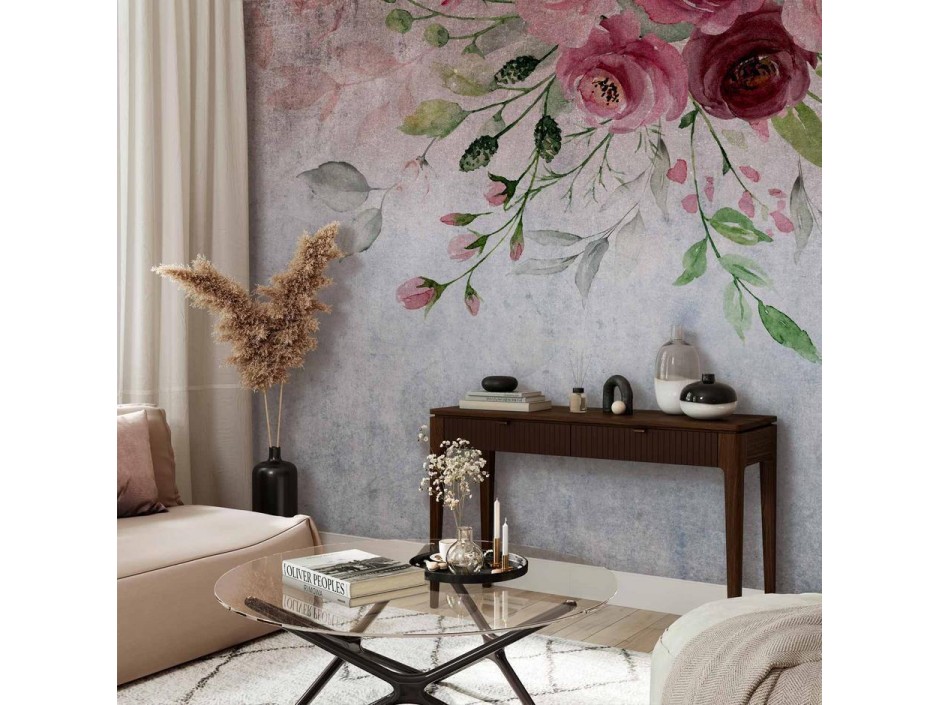 Papier peint - Summer bloom - plant motif with flowers and leaves in pink tones