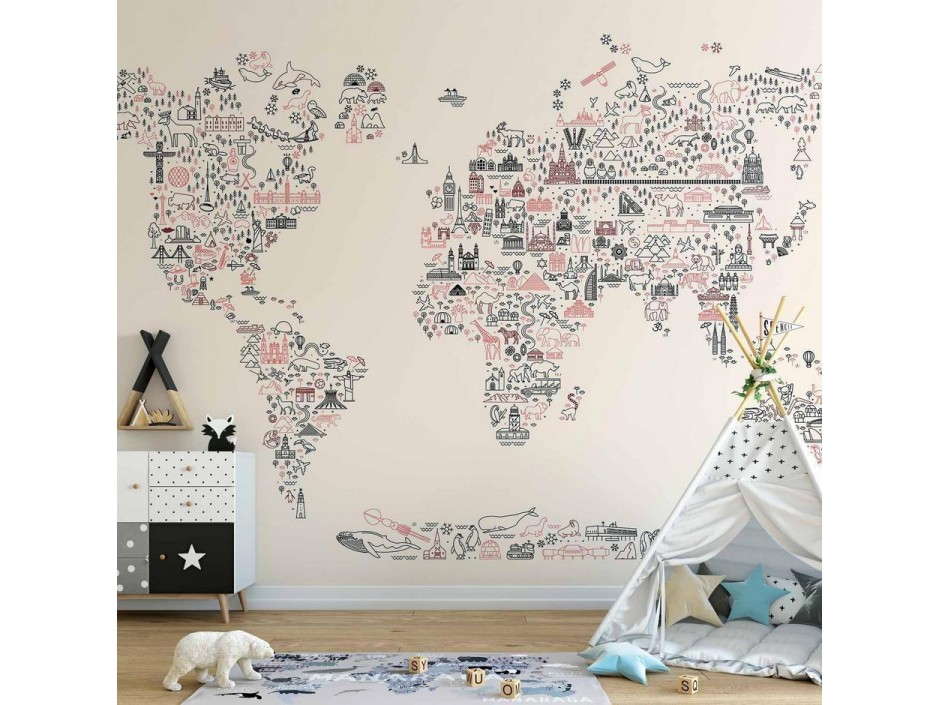 Papier peint - Map With Icons - Cartoon Representation of the World in Pastel Colours