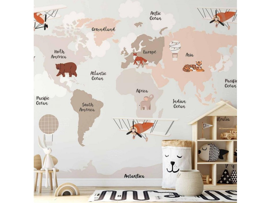 Papier peint - Map in Shades of Beige - Continents With Animals