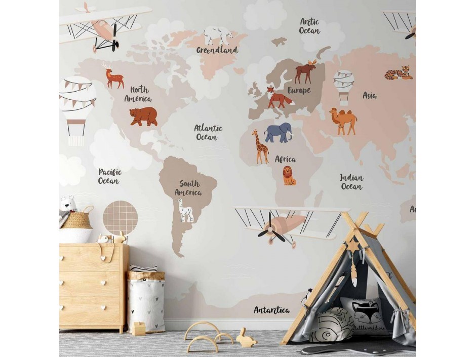 Papier peint - World Map in Beige Tones for Childrens Room