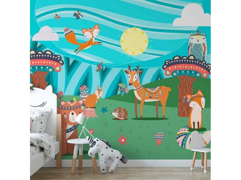 Papier peint - Adventures in the forest - forest animals in an Indian theme for children