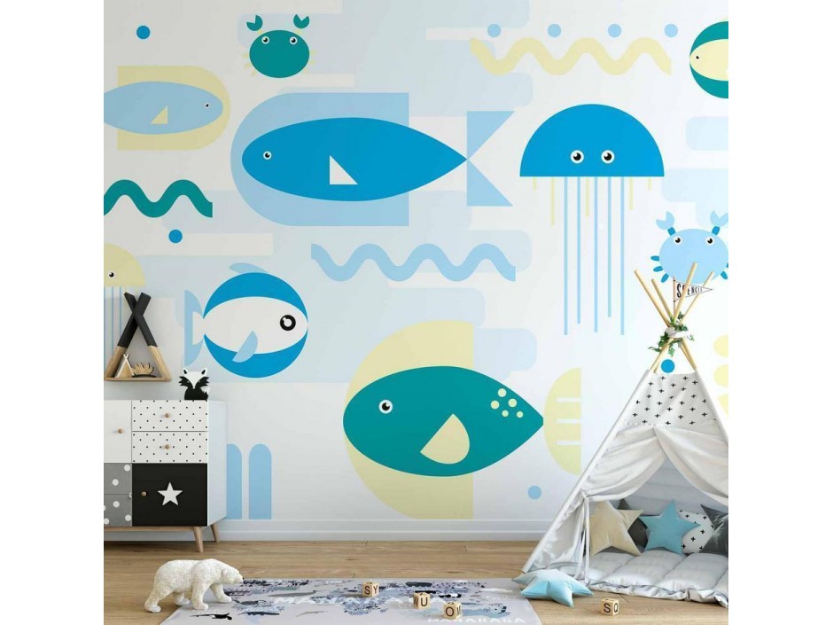 Papier peint - Animals in the sea - geometric blue fish in water for kids