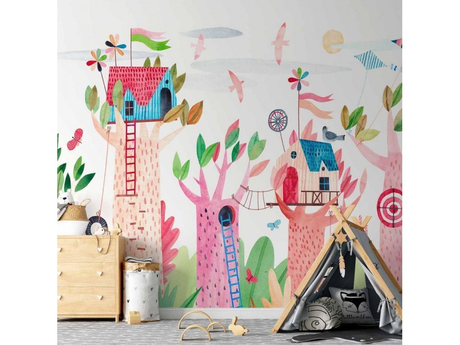 Papier peint - Painted tree houses - a colourful fantasy with kites for children