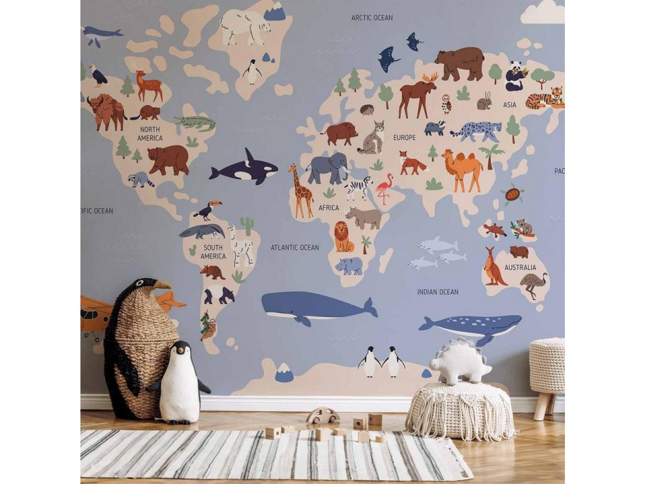 Papier peint - World Map With Animal Illustrations