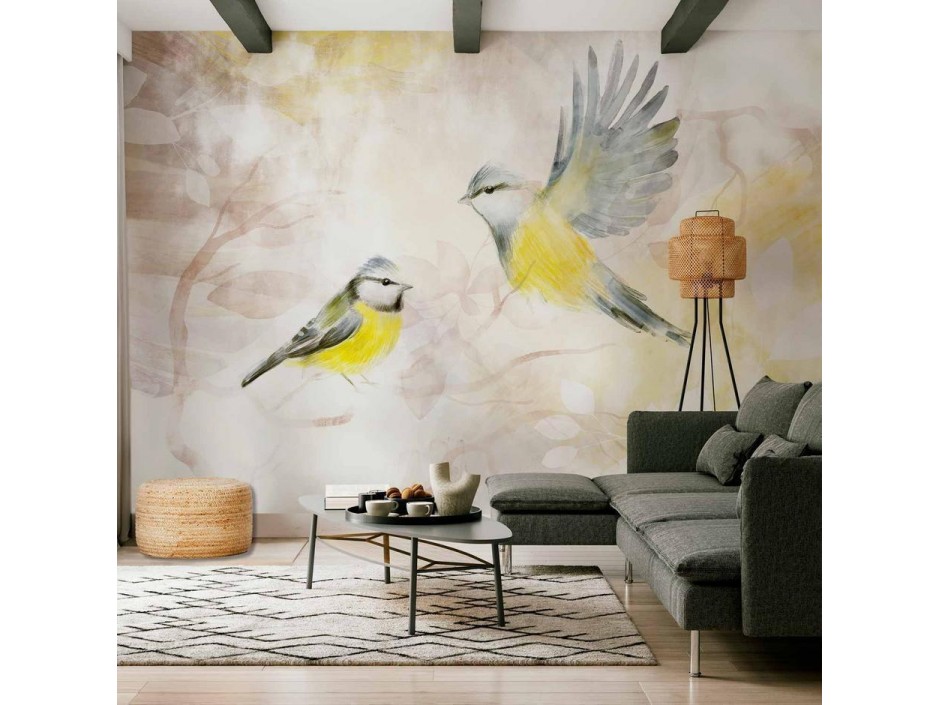 Papier peint - Painted tits - bird motif with patterns in yellow and beige tones