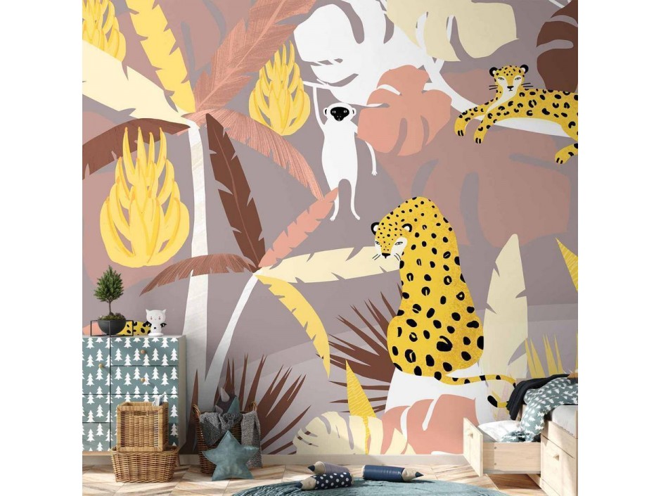 Papier peint - Cheetahs in the jungle - landscape with exotic animals with palm trees for children