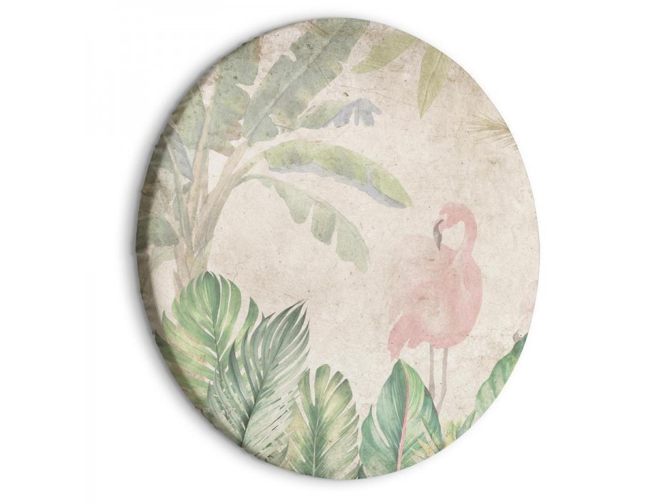 Tableau rond - Birds wading among exotic flora - Flamingos amidst lush tropical vegetation in soft pastel shades of gree