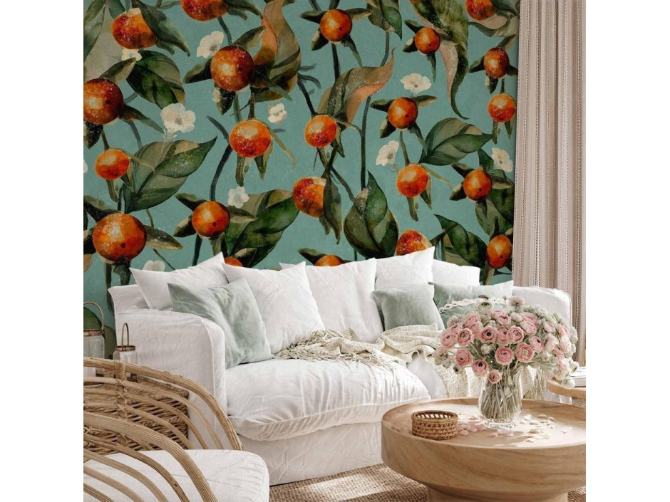 Papier peint - Orange grove - plant motif with fruit and leaves on a blue background