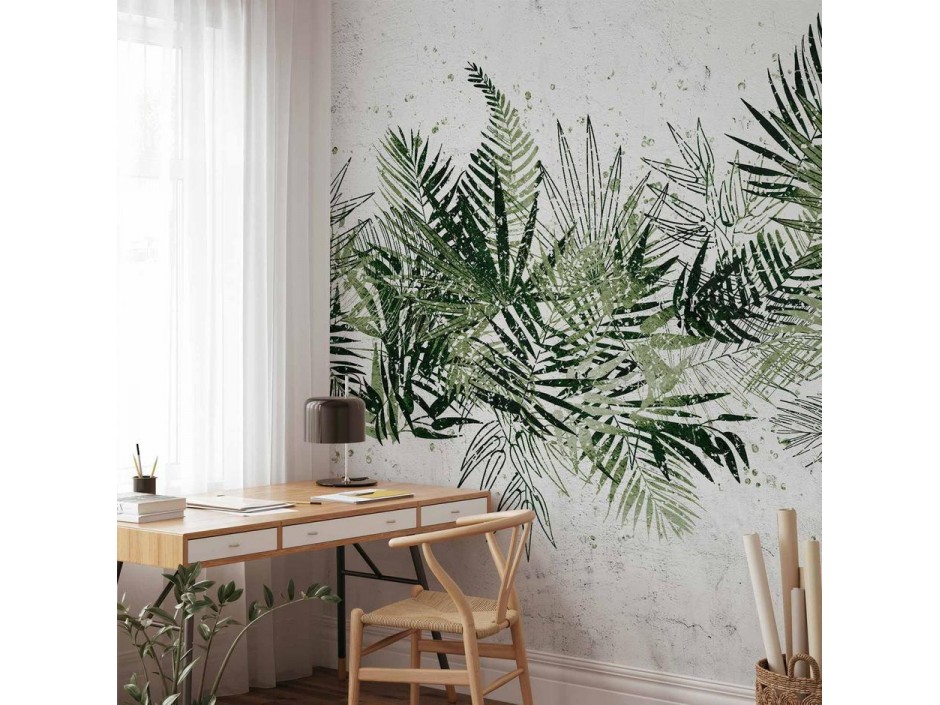 Papier peint - Jungle and green plume - large tropical leaves on a white background