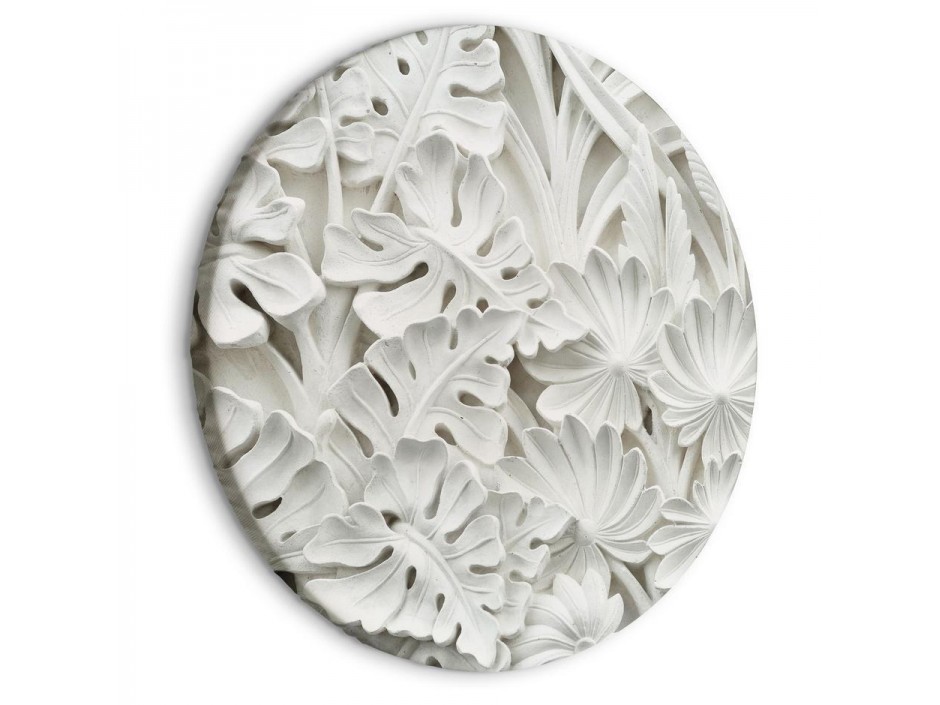 Tableau rond - Carved Nature - Pattern With White Leaves Made of Stone