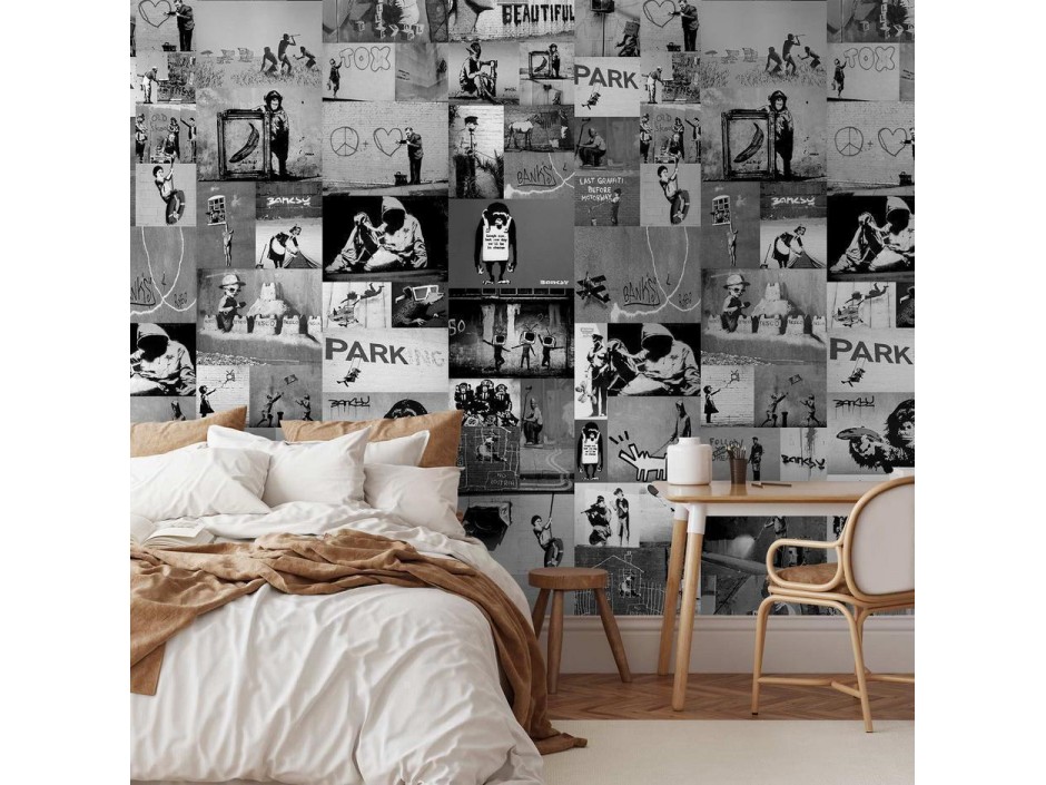 Tapisserie murale - Banksy - grey collage