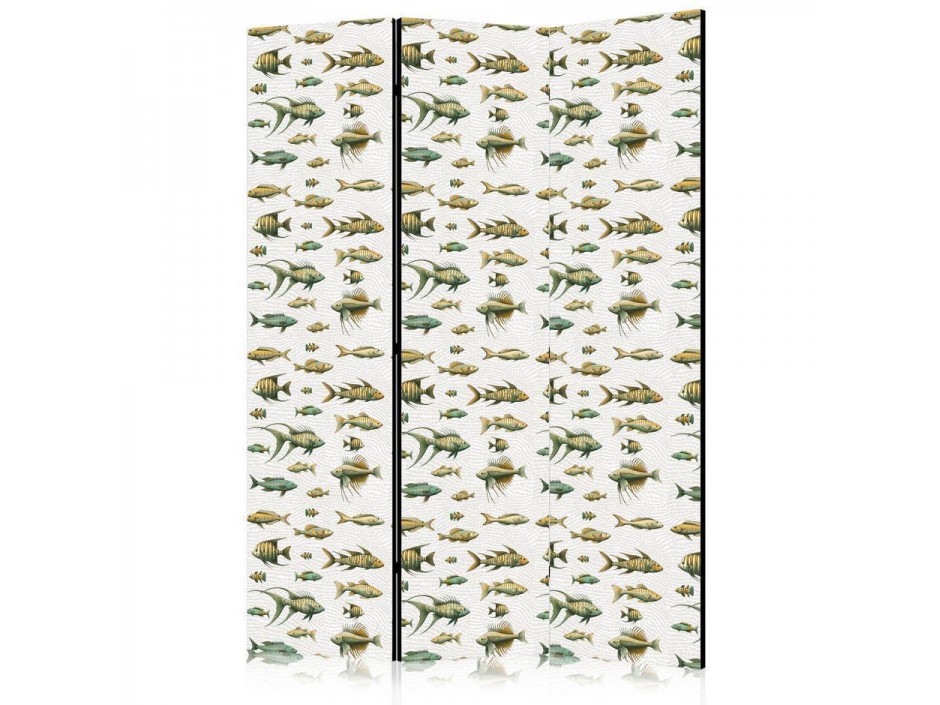 Paravent - Unusual Species of Fish - A Cluster of Fish in Muted Colors in Retro Style on a Background of Beige Strokes