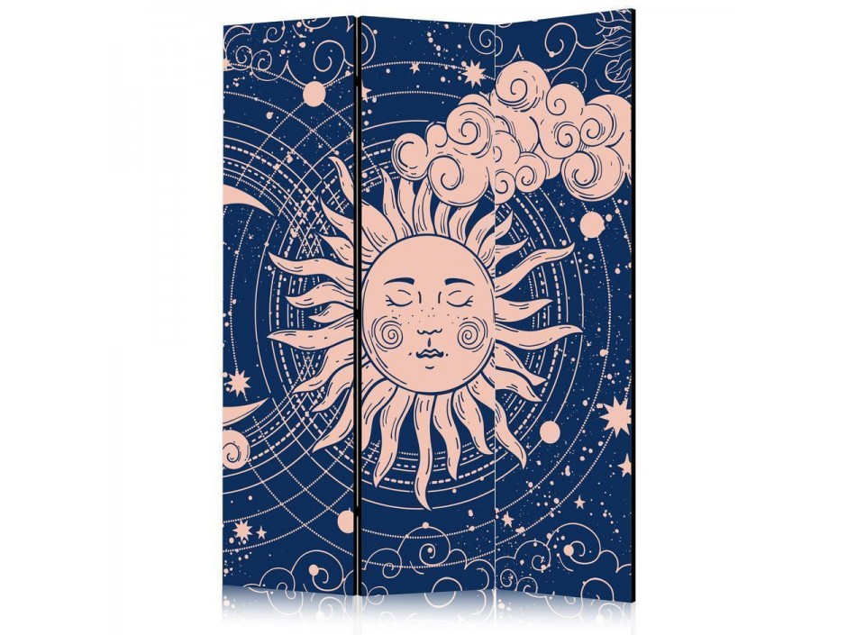 Paravent - Cosmic Harmony - Illustration of the Sun and Moon on a Navy Background