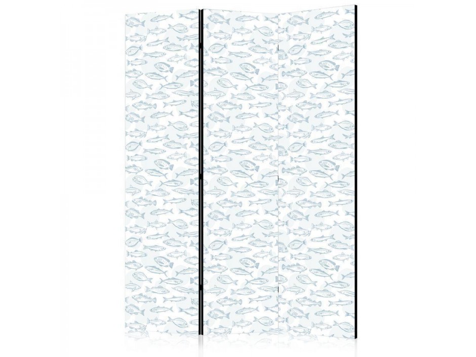 Paravent - Blue Fish - Blue Outlines of Various Species of Fish on a White-Blue Background