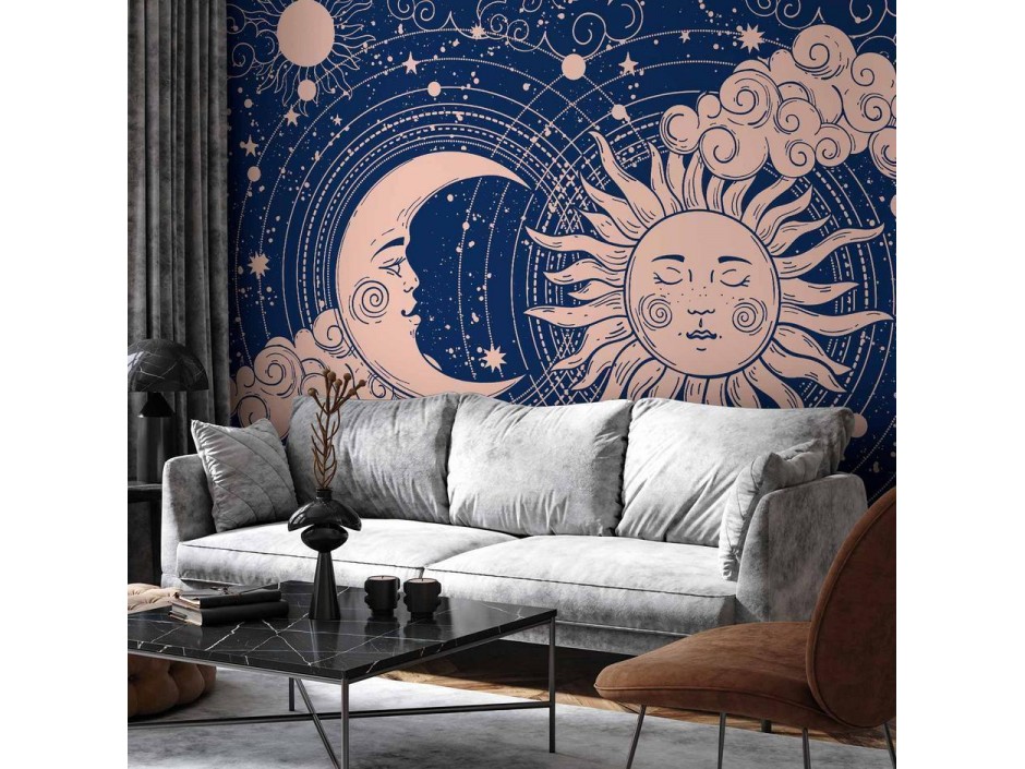 Papier peint - Cosmic Harmony - Illustration of the Sun and Moon on a Navy Background