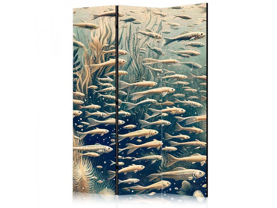 Paravent - Life in the Ocean - Underwater World of Fish and Vegetation in Beige and Navy Colors in Retro Style