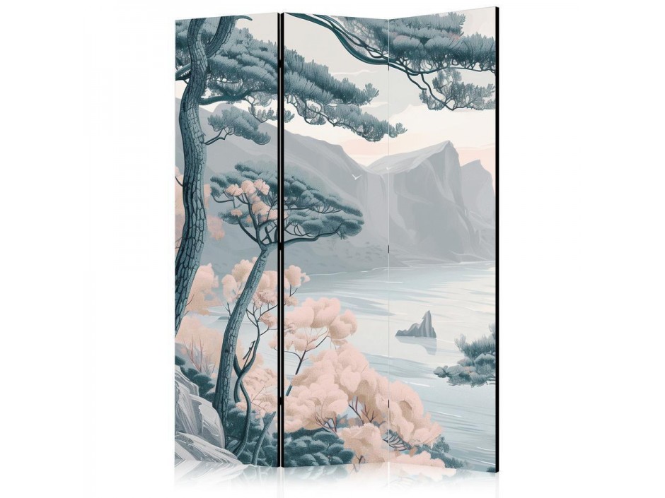 Paravent - Mountainous Coast with Trees and Rocks - in Light Pastel Blues