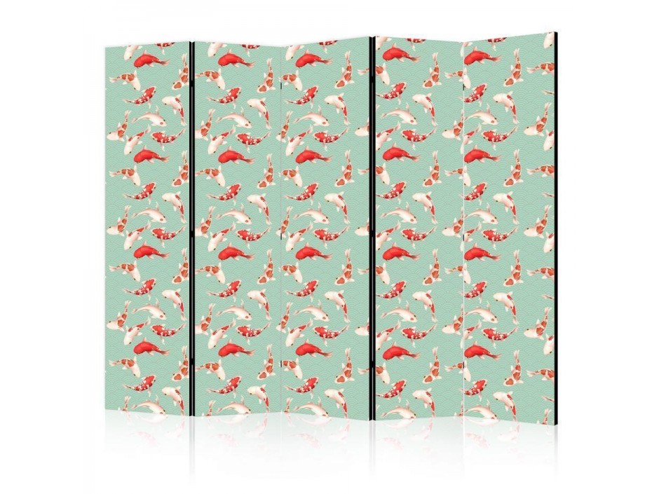 Paravent - Fish And Japanese Pattern - Koi Fish in Orange-Cream Colors on a Green-Mint Background With An Oriental Patte