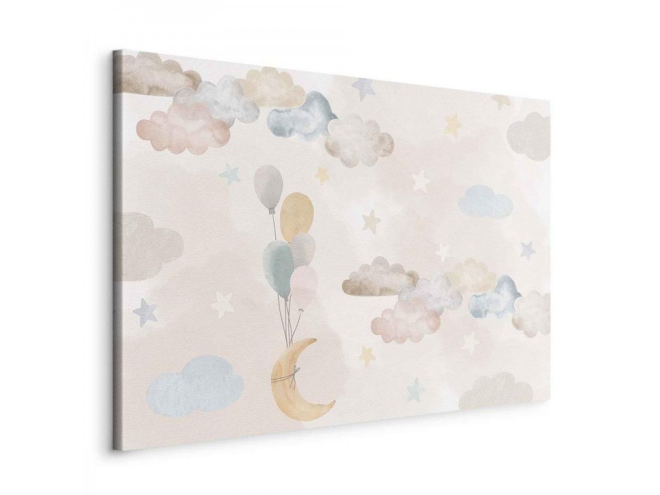 Tableau - Fairy-Tale Moon - Pastel Moon with Balloons Among Colorful Clouds and Stars in Subdued Colors on a Light Backg